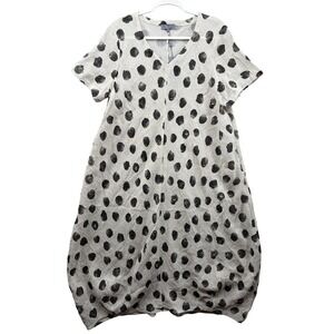 Sahara Linen Bubble Cocoon Dress Womens XL Natural Black Polka Dot Lagenlook